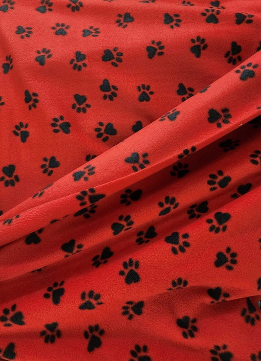 Red Fleece Paws Black Print - Anti Pill Theme Fleece Fabric, 60” Inches Wide – Sold By The Yard