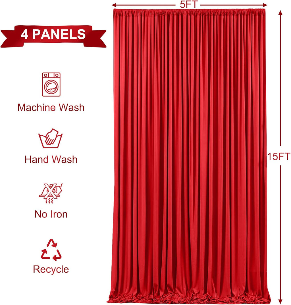 RED  - Wrinkle Free Backdrop Curtains for Parties - 4 Panels 5x15ft Silky Interlock Backdrop for Weddings Birthday Party Curtains