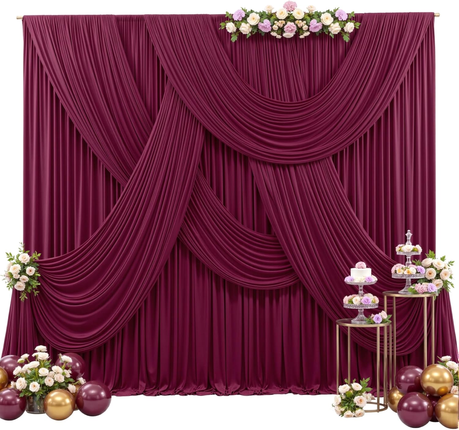 BURGUNDY  - Wrinkle Free Backdrop Curtains for Parties - 4 Panels 5x15ft Silky Interlock Backdrop for Weddings Birthday Party Curtains