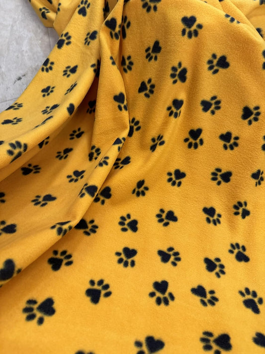 Paws Print -  Anti Pill Theme Fleece Fabric, 60” Inches Wide – Sold By The Yard Gold/Yellow