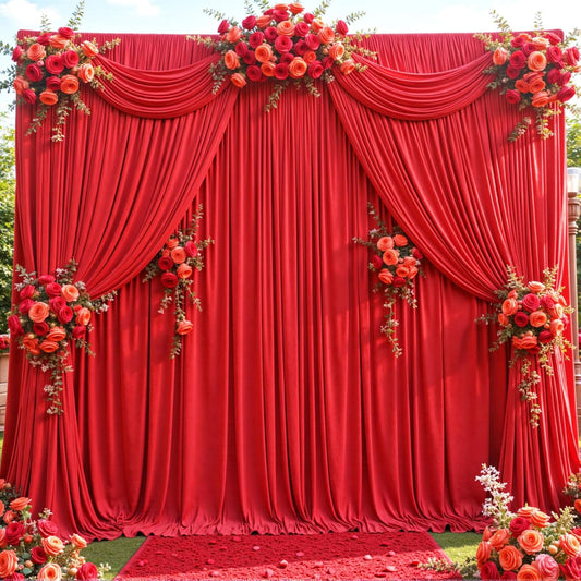 RED  - Wrinkle Free Backdrop Curtains for Parties - 4 Panels 5x15ft Silky Interlock Backdrop for Weddings Birthday Party Curtains