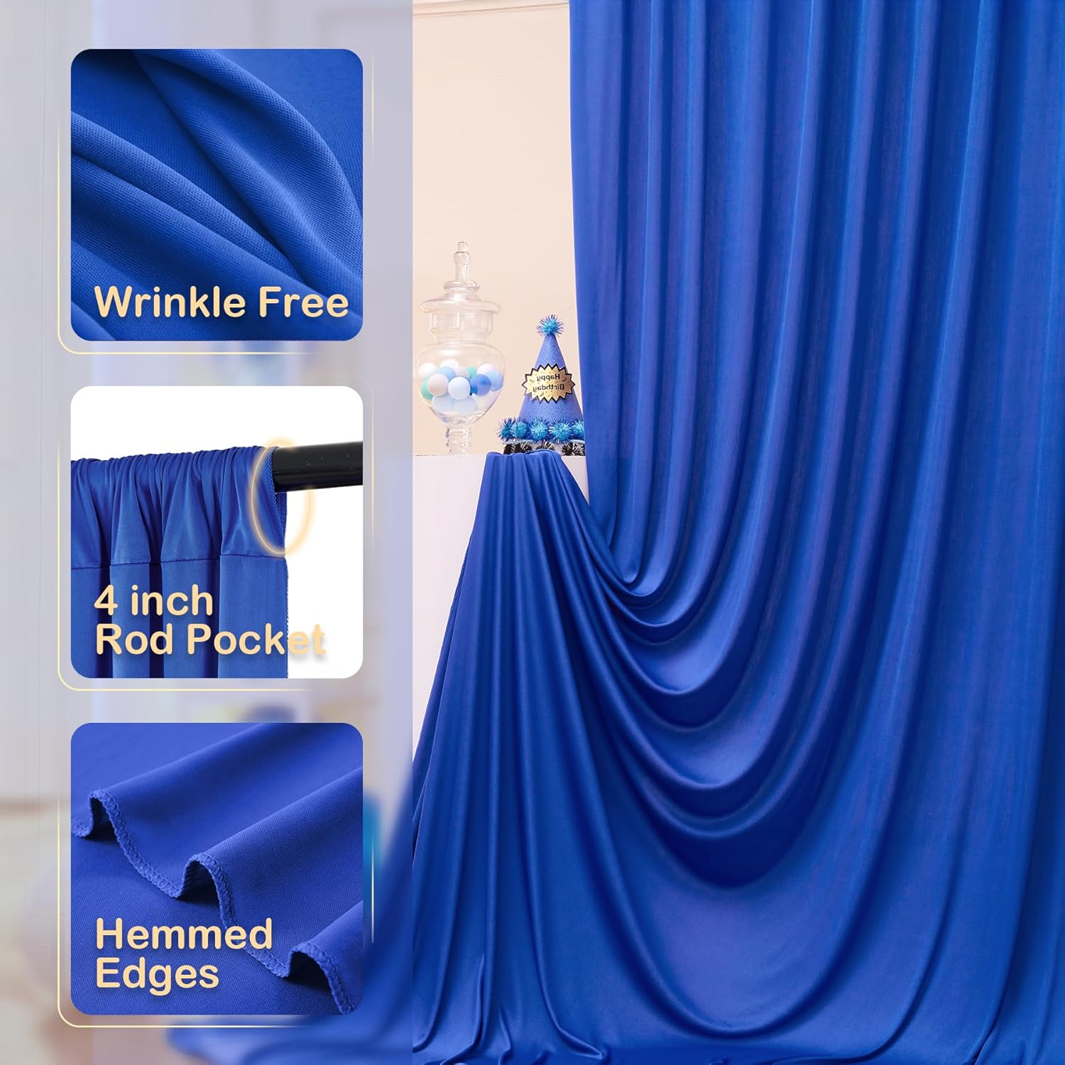 ROYAL BLUE  - Wrinkle Free Backdrop Curtains for Parties - 10 Panels 5x10ft Silky Interlock Backdrop for Weddings Birthday Party Curtains