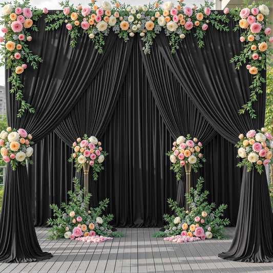 BLACK  - Wrinkle Free Backdrop Curtains for Parties - 4 Panels 5x15ft Silky Interlock Backdrop for Weddings Birthday Party Curtains