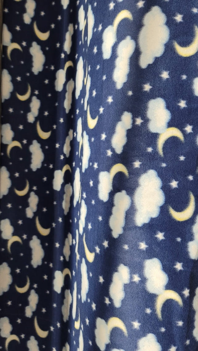 Moons, Stars & Clouds Print - Anti Pill Theme Fleece Fabric, 60” Inches Wide – Sold By The Yard