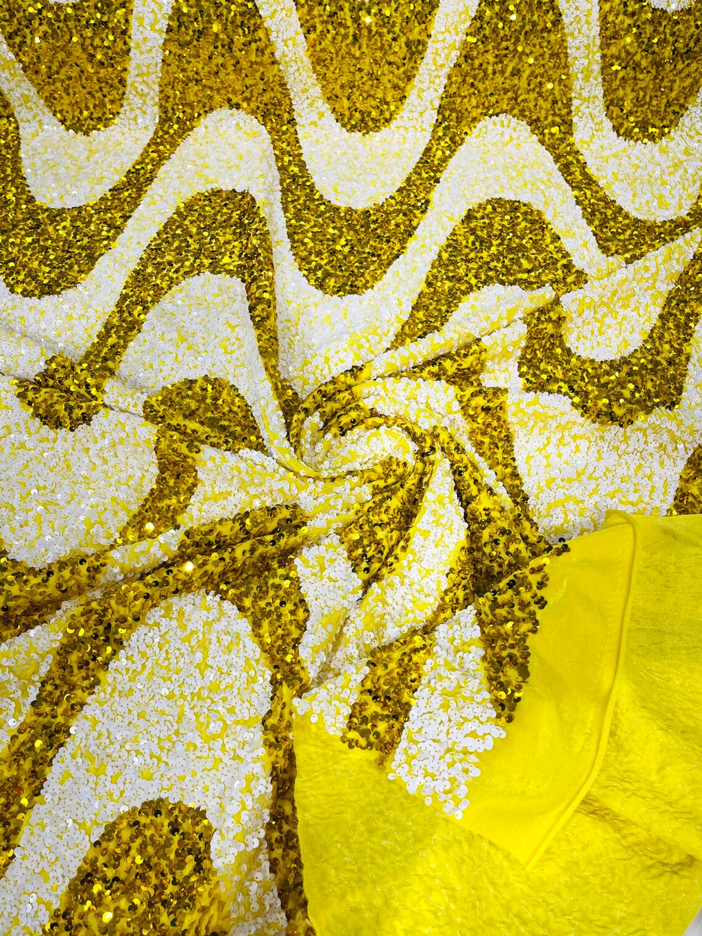 WAVE SEQUIN VELVET - Wave Design  Stretch Velvet All Over 5mm Shining Sequins 2 Way Stretch- YELLOW//WHITE- Sold By The Yard.- For Fashion Dress Evening Dress Prom Quinceanera