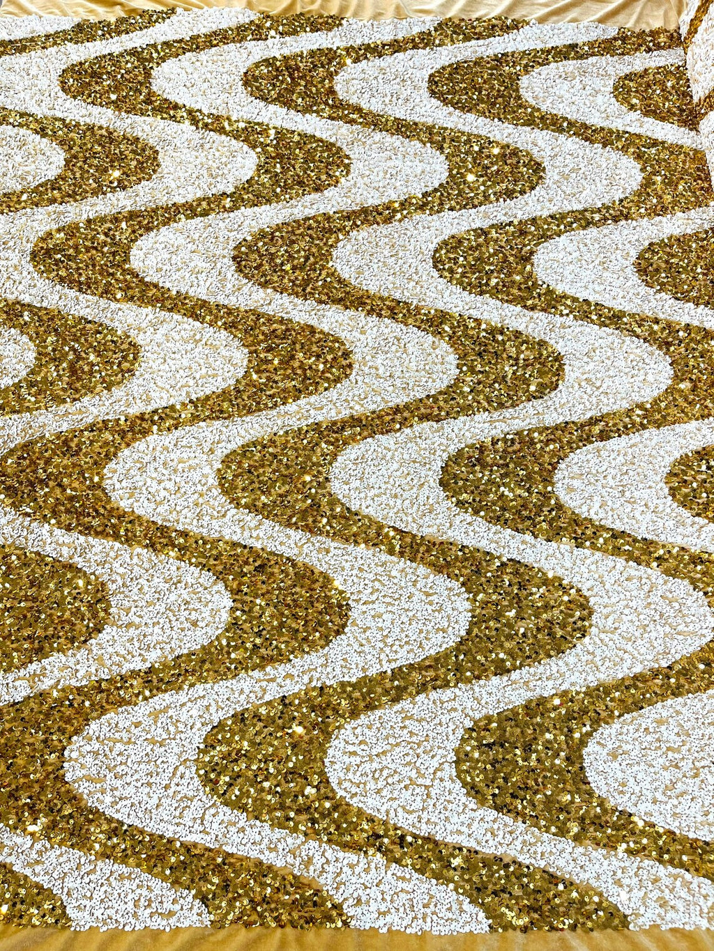 WAVE SEQUIN VELVET - Wave Design  Stretch Velvet All Over 5mm Shining Sequins 2 Way Stretch- GOLD/WHITE - Sold By The Yard.- For Fashion Dress Evening Dress Prom Quinceanera