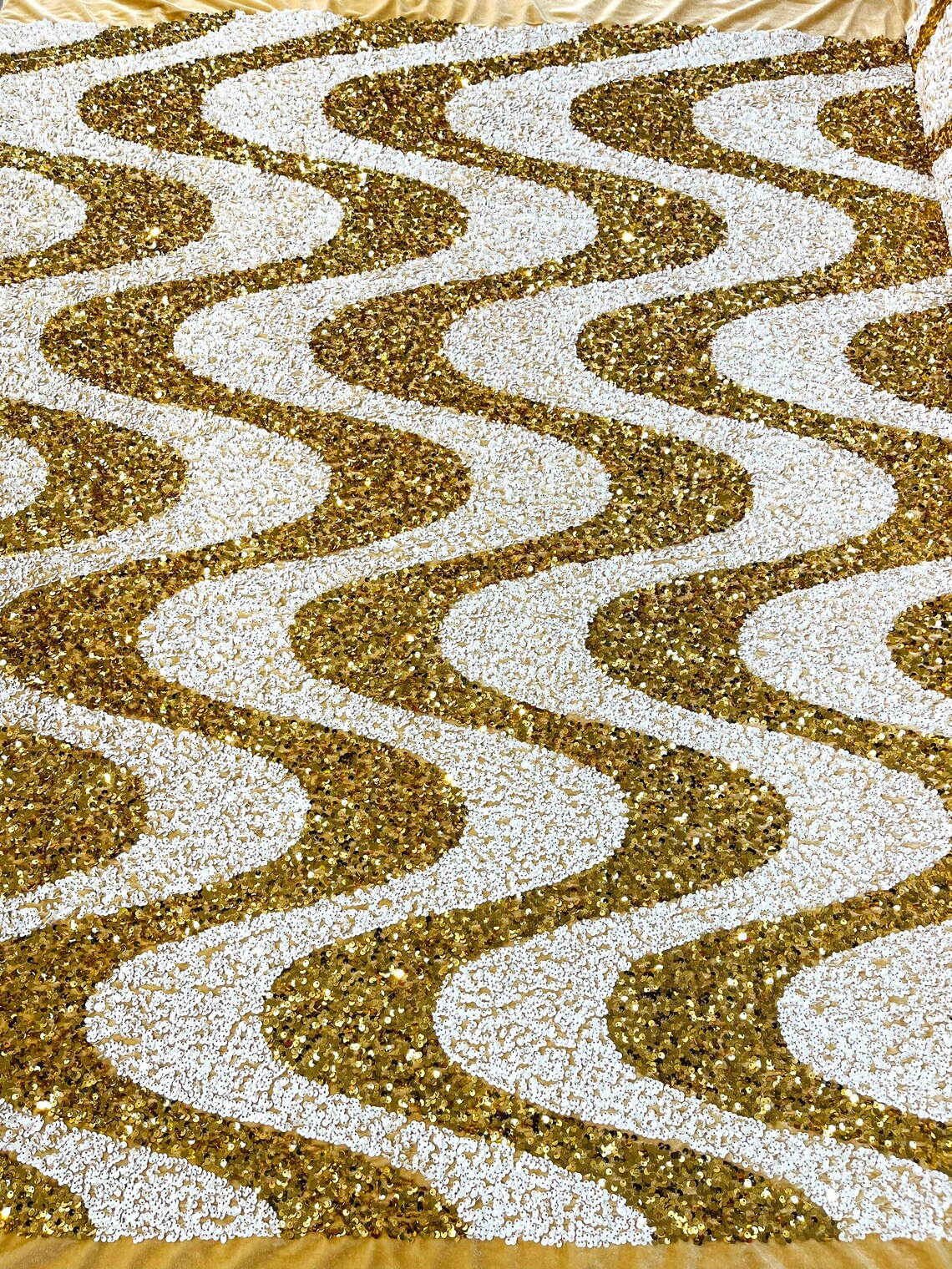 WAVE SEQUIN VELVET - Wave Design  Stretch Velvet All Over 5mm Shining Sequins 2 Way Stretch- GOLD/WHITE - Sold By The Yard.- For Fashion Dress Evening Dress Prom Quinceanera