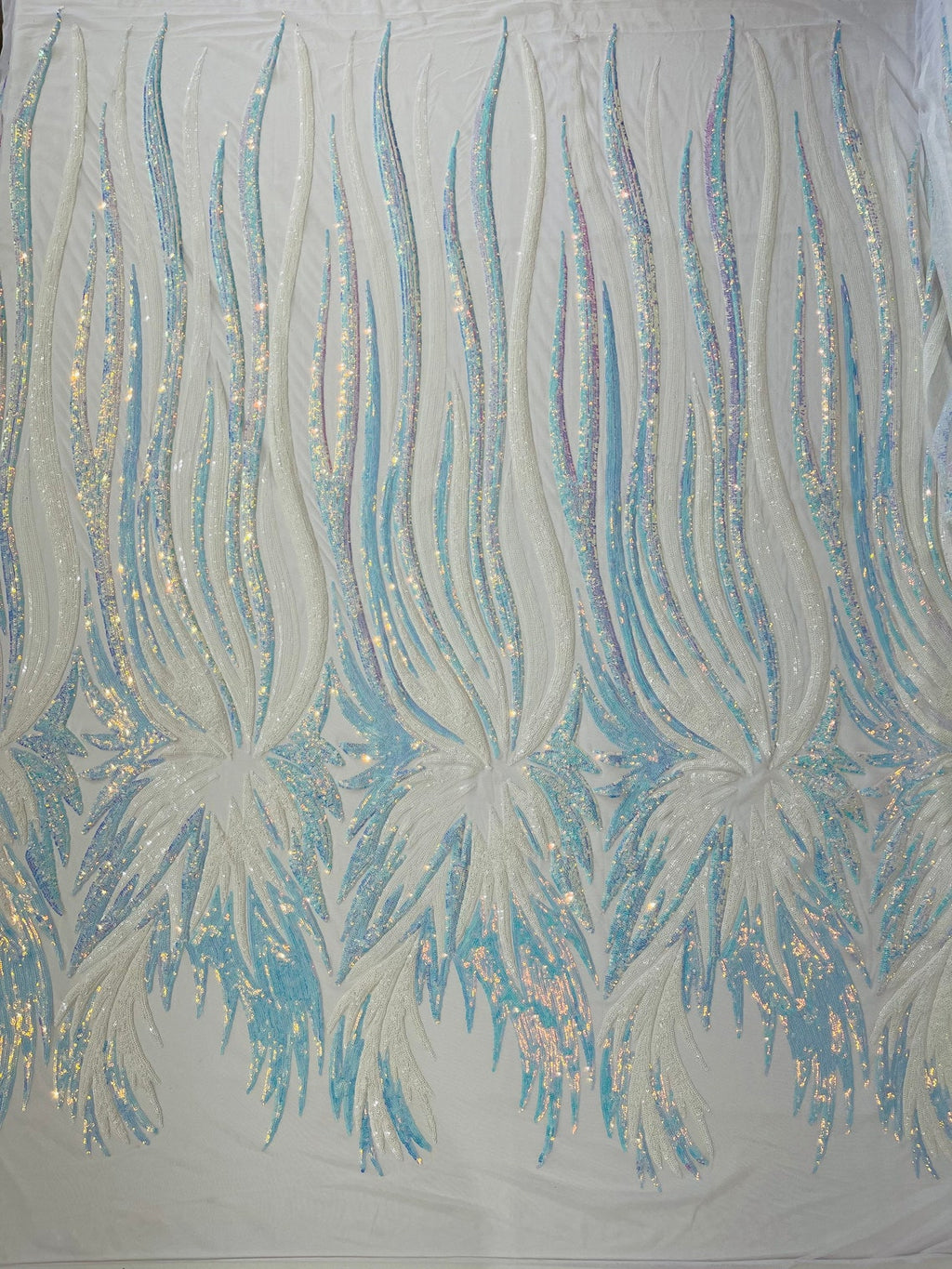 PEACOCK FEATHERS - Peacock Feathers - AQUABLUE - Fashion Design with Sequins Embroider on a 4 Way Stretch Mesh Fabric-Sold by The Yard.