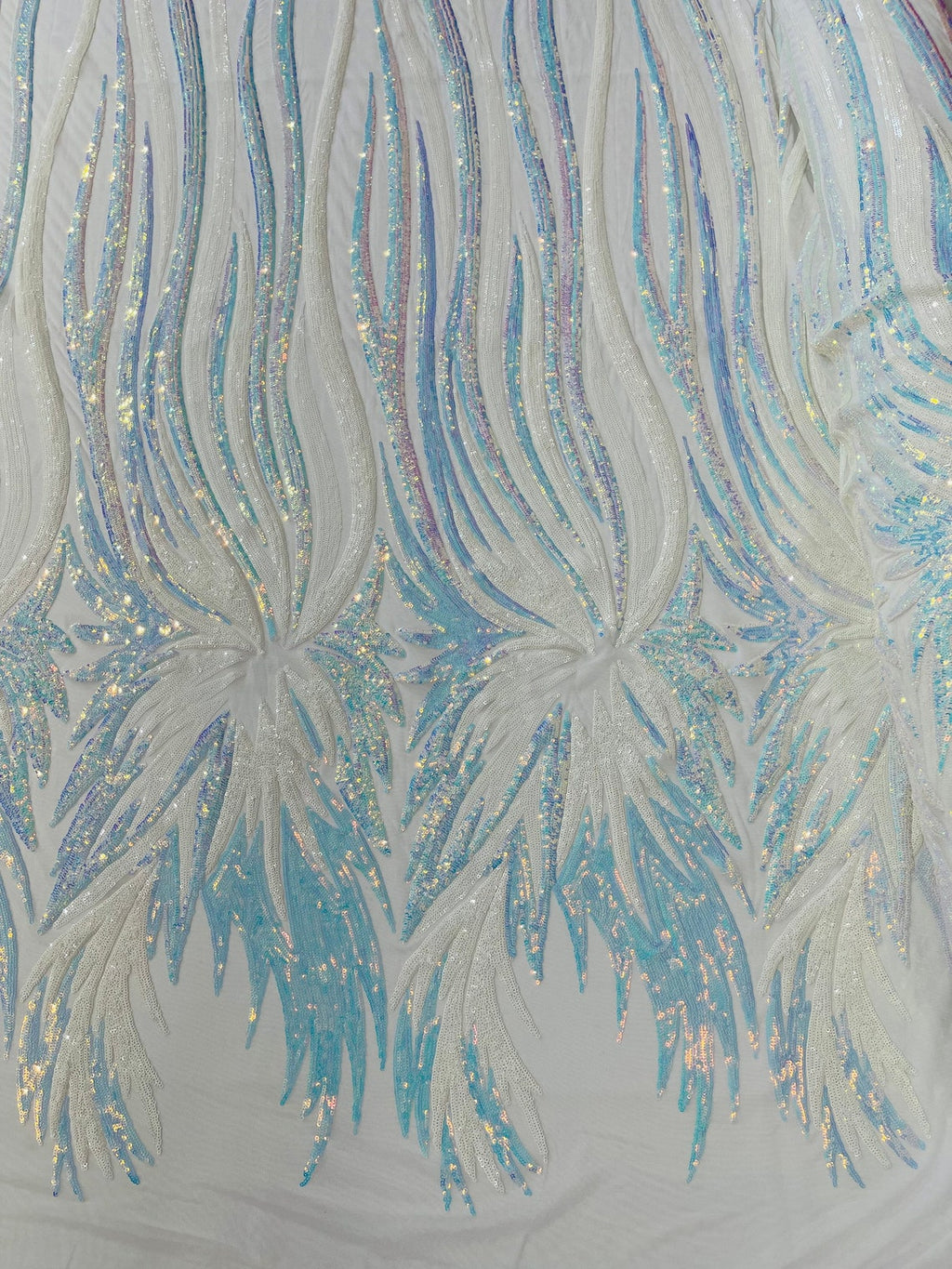 PEACOCK FEATHERS - Peacock Feathers - AQUABLUE - Fashion Design with Sequins Embroider on a 4 Way Stretch Mesh Fabric-Sold by The Yard.