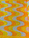 WAVE SEQUIN VELVET - Wave Design  Stretch Velvet All Over 5mm Shining Sequins 2 Way Stretch - ORANGE/AQUA/CLEAR - Sold By The Yard.- For Fashion Dress Evening Dress Prom Quinceanera