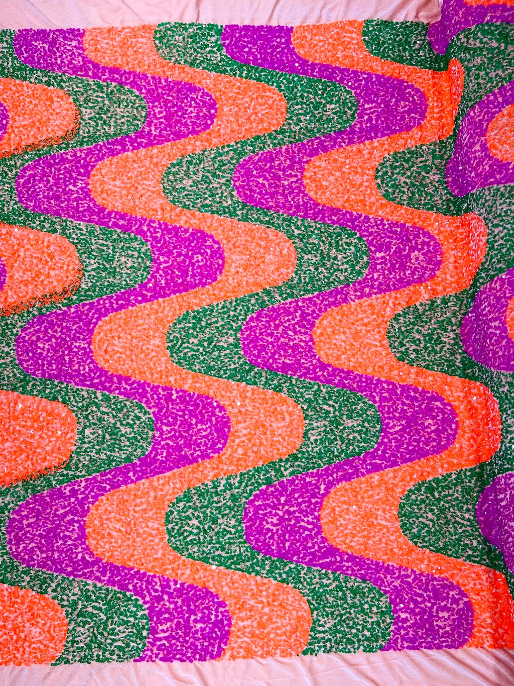 WAVE SEQUIN VELVET - Wave Design  Stretch Velvet All Over 5mm Shining Sequins 2 Way Stretch - NEON ORANGE/MAGENTA/GREEN - Sold By The Yard.- For Fashion Dress Evening Dress Prom Quinceanera