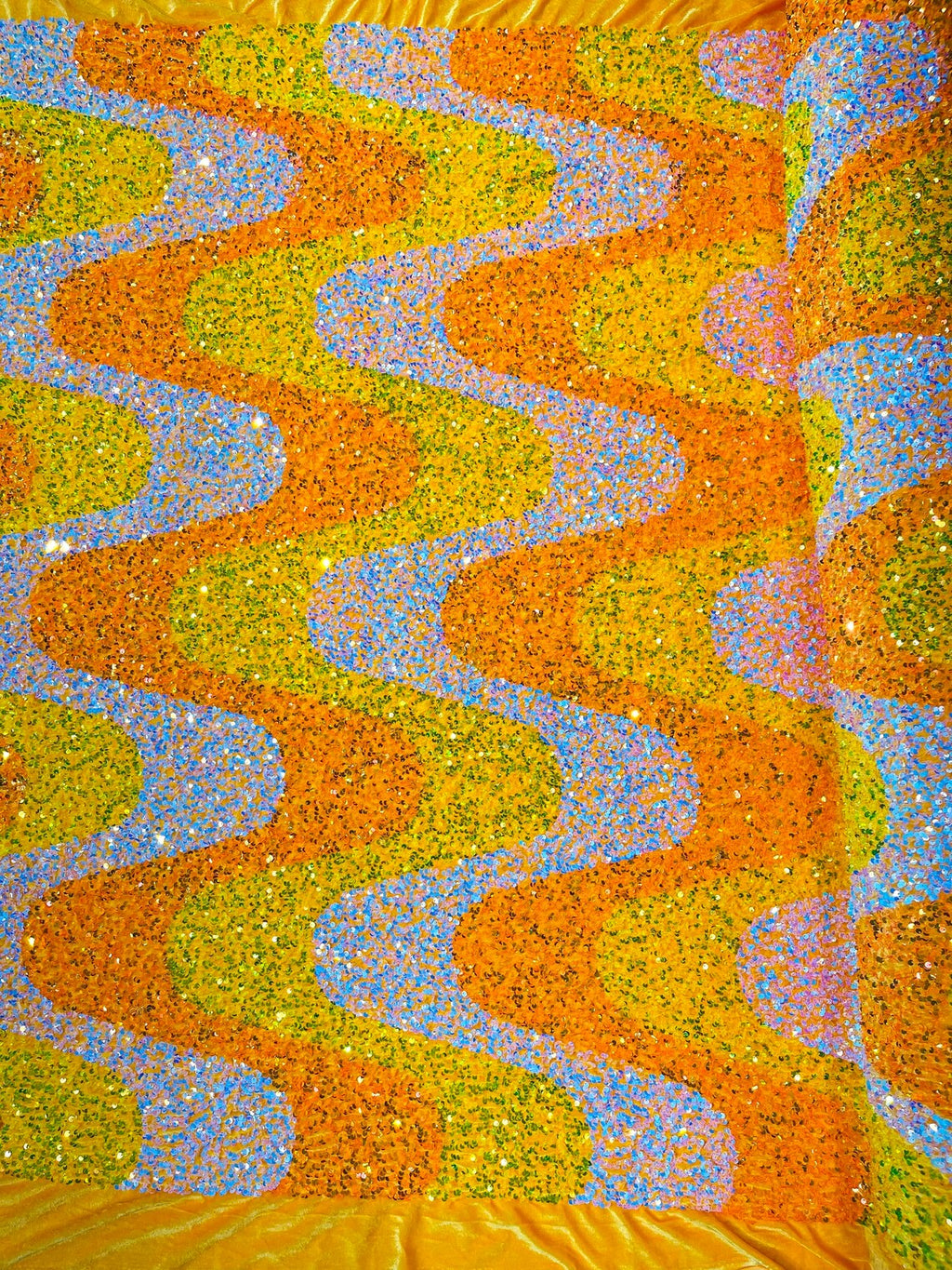 WAVE SEQUIN VELVET - Wave Design  Stretch Velvet All Over 5mm Shining Sequins 2 Way Stretch - ORANGE/AQUA/CLEAR - Sold By The Yard.- For Fashion Dress Evening Dress Prom Quinceanera