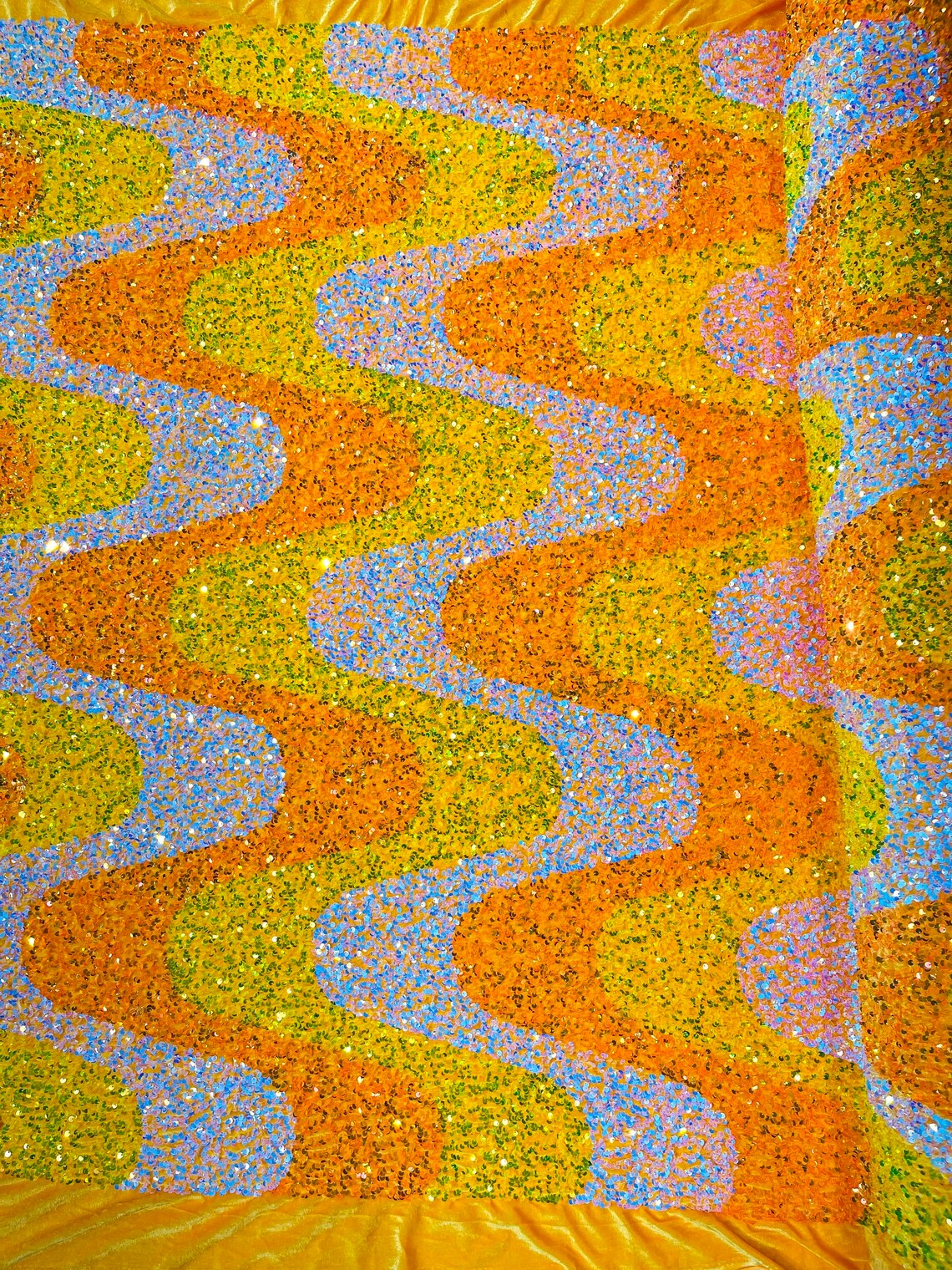 WAVE SEQUIN VELVET - Wave Design  Stretch Velvet All Over 5mm Shining Sequins 2 Way Stretch - ORANGE/AQUA/CLEAR - Sold By The Yard.- For Fashion Dress Evening Dress Prom Quinceanera