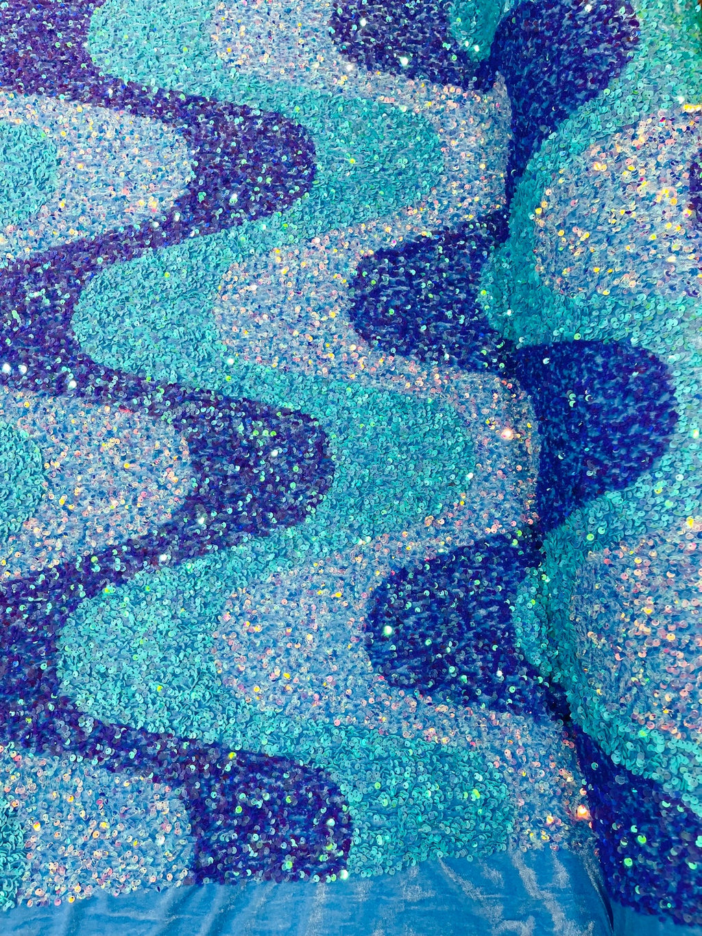 WAVE SEQUIN VELVET - Wave Design  Stretch Velvet All Over 5mm Shining Sequins 2 Way Stretch - AQUA/LAVENDER /CLEAR - Sold By The Yard.- For Fashion Dress Evening Dress Prom Quinceanera