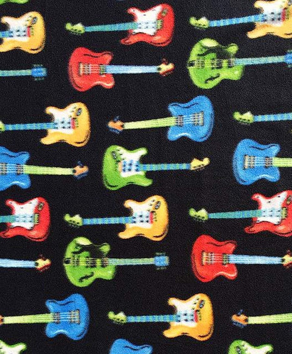 Multicolored Guitar with Black Background, Anti Pill Theme Fleece Fabric, 60” Inches Wide – Sold By The Yard