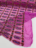 Geometric Luxury Fashion Design with Sequins Embroider on a 4 Way Stretch Mesh Fabric-Sold by The Yard. Fuchsia/Gold