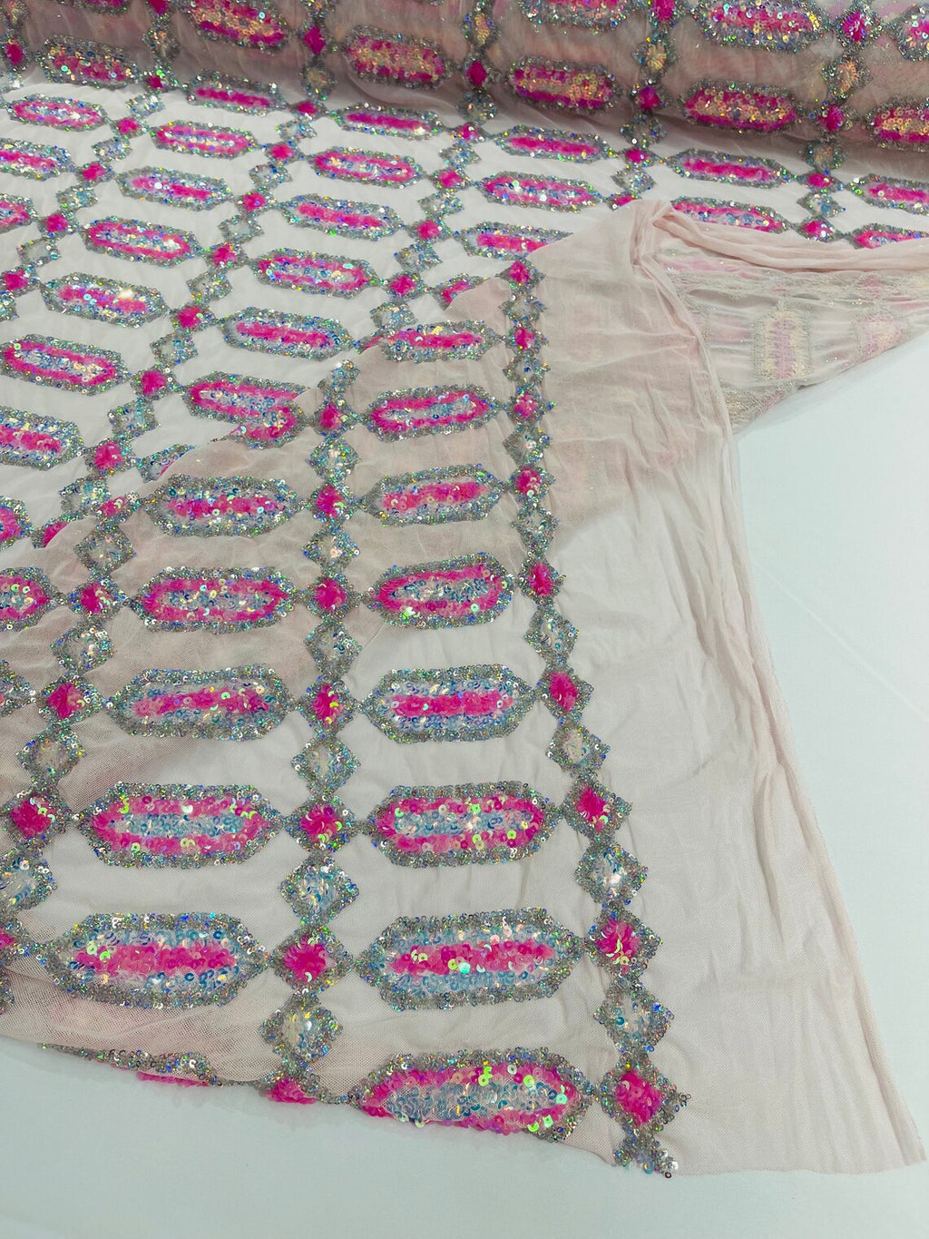 Geometric Luxury Fashion Design with Sequins Embroider on a Pink 4 Way Stretch Mesh Fabric-Sold by The Yard. Candy Pink /Silver