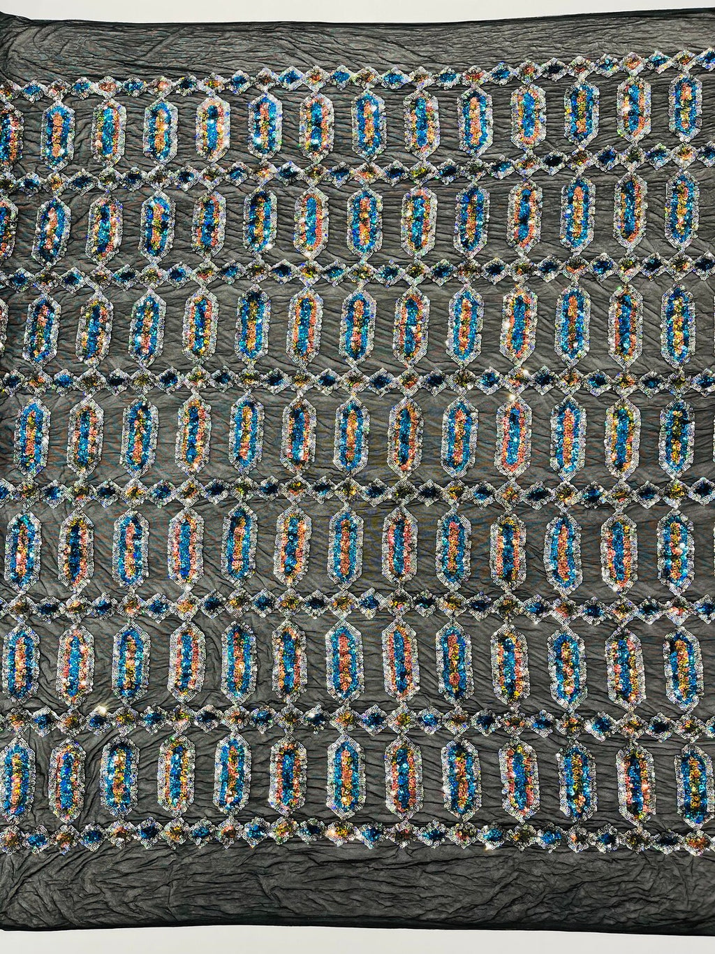 Geometric Luxury Fashion Design with Sequins Embroider on a 4 Way Stretch Mesh Fabric-Sold by The Yard. Turquoise/Silver