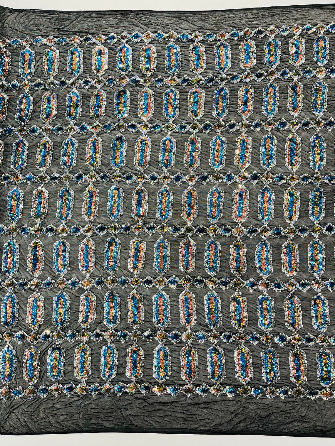Geometric Luxury Fashion Design with Sequins Embroider on a 4 Way Stretch Mesh Fabric-Sold by The Yard. Turquoise/Silver