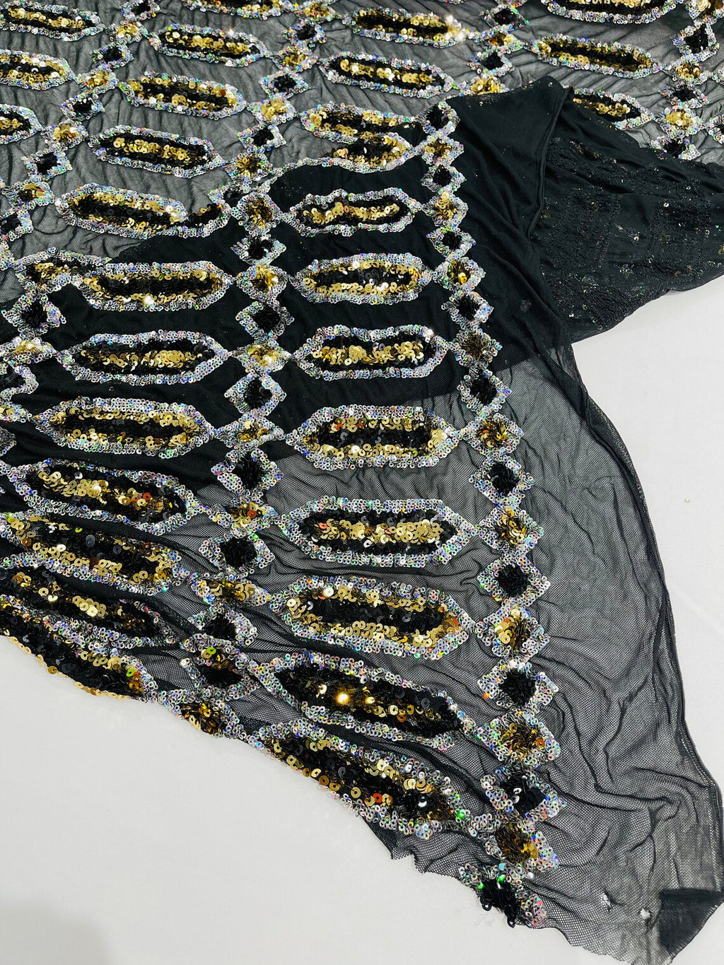 Geometric Luxury Fashion Design with Sequins Embroider on a 4 Way Stretch Mesh Fabric-Sold by The Yard. Olive Green/Silver