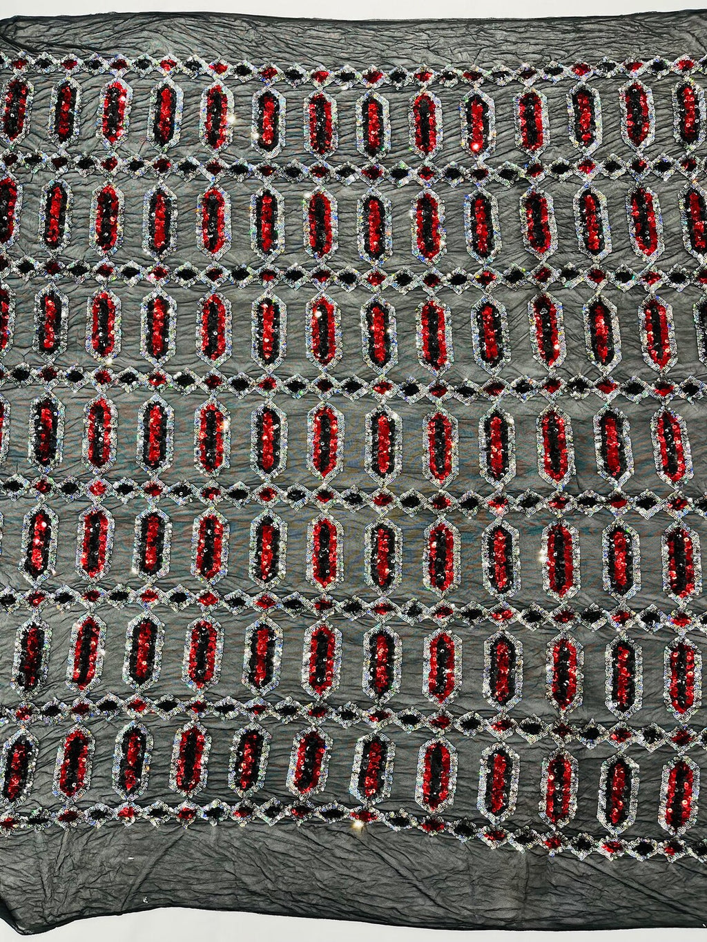 Geometric Luxury Fashion Design with Sequins Embroider on a Black 4 Way Stretch Mesh Fabric-Sold by The Yard. Red/Silver