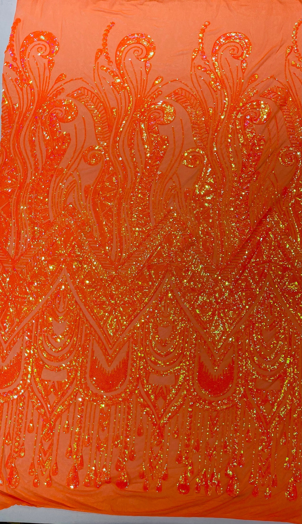 ORANGE - FEATHERS - Fashion Design with Sequins Embroider on a 4 Way Stretch Mesh Fabric-Sold by The Yard.