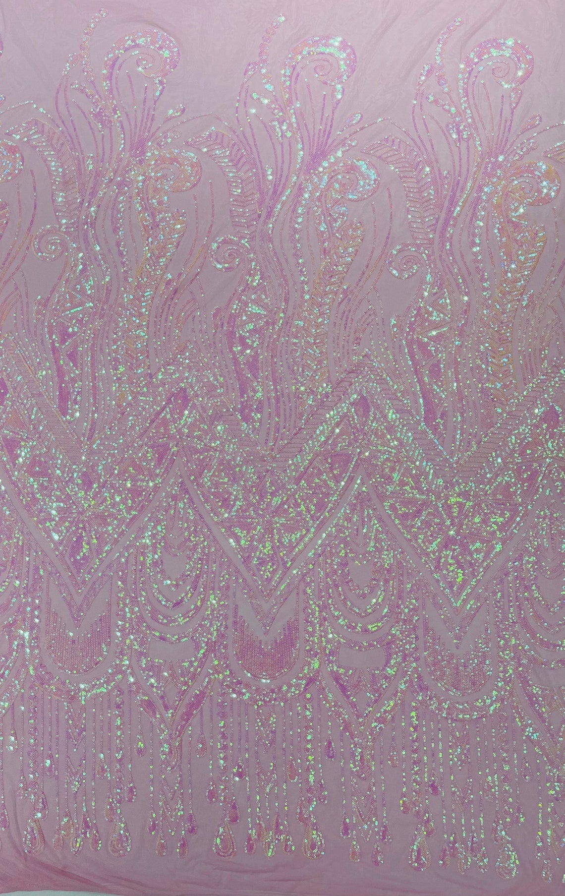 PINK - FEATHERS - Fashion Design with Sequins Embroider on a 4 Way Stretch Mesh Fabric-Sold by The Yard.