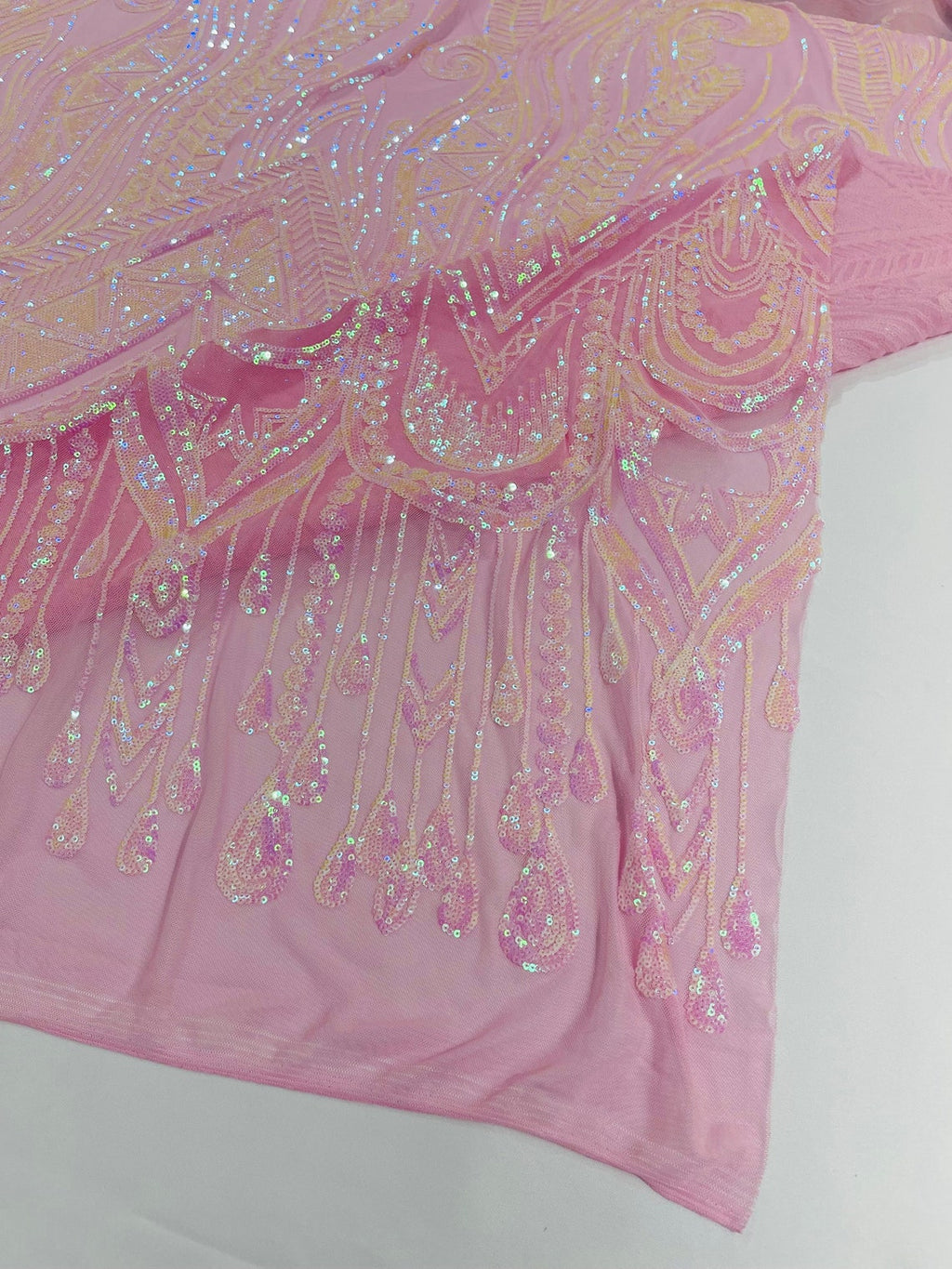 PINK - FEATHERS - Fashion Design with Sequins Embroider on a 4 Way Stretch Mesh Fabric-Sold by The Yard.