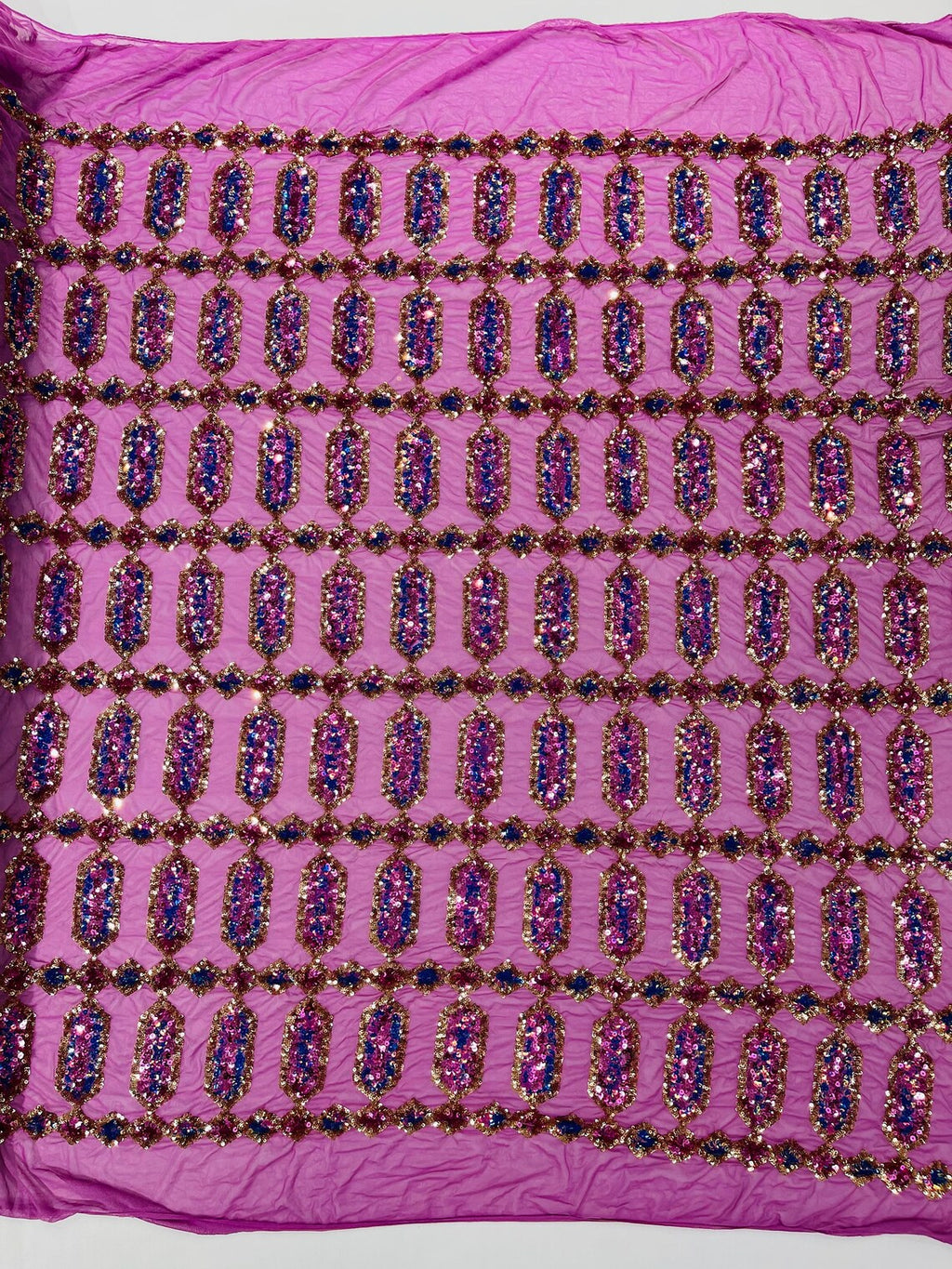 Geometric Luxury Fashion Design with Sequins Embroider on a 4 Way Stretch Mesh Fabric-Sold by The Yard. Fuchsia/Gold
