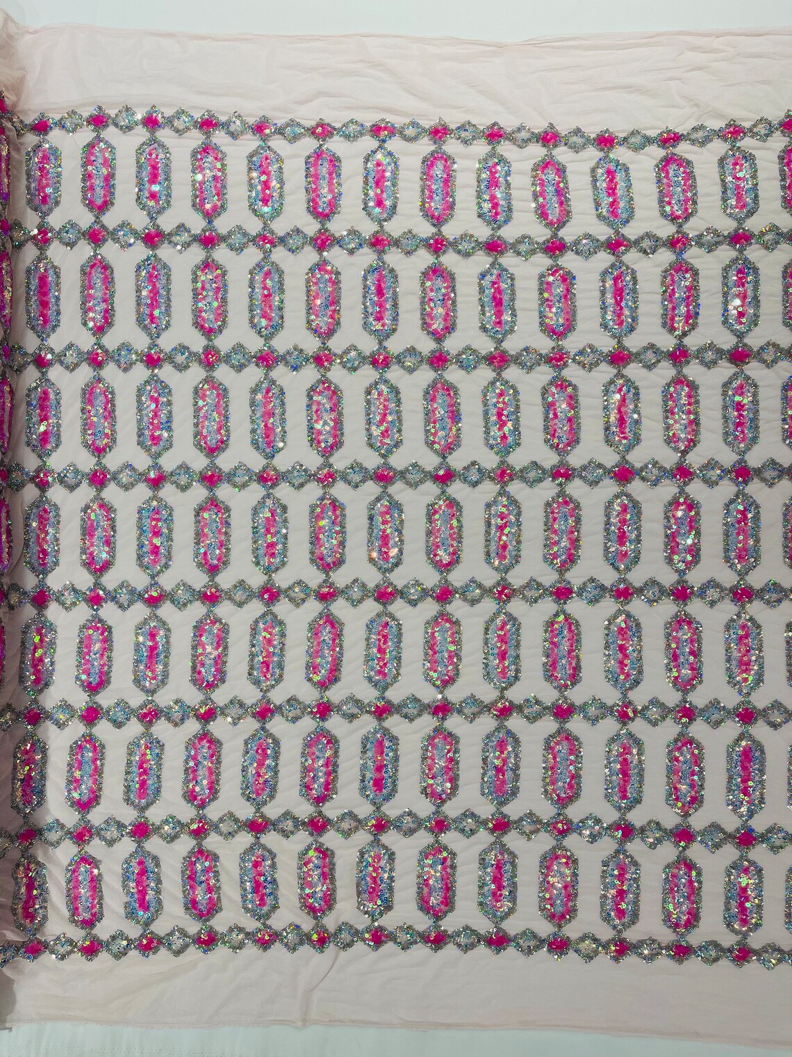 Geometric Luxury Fashion Design with Sequins Embroider on a Pink 4 Way Stretch Mesh Fabric-Sold by The Yard. Candy Pink /Silver