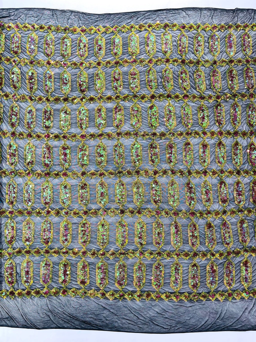 Geometric Luxury Fashion Design with Sequins Embroider on a 4 Way Stretch Mesh Fabric-Sold by The Yard. Moss Green/Pink