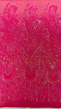 FUCHSIA - FEATHERS - Fashion Design with Sequins Embroider on a 4 Way Stretch Mesh Fabric-Sold by The Yard.