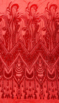 RED - FEATHERS - Fashion Design with Sequins Embroider on a 4 Way Stretch Mesh Fabric-Sold by The Yard.