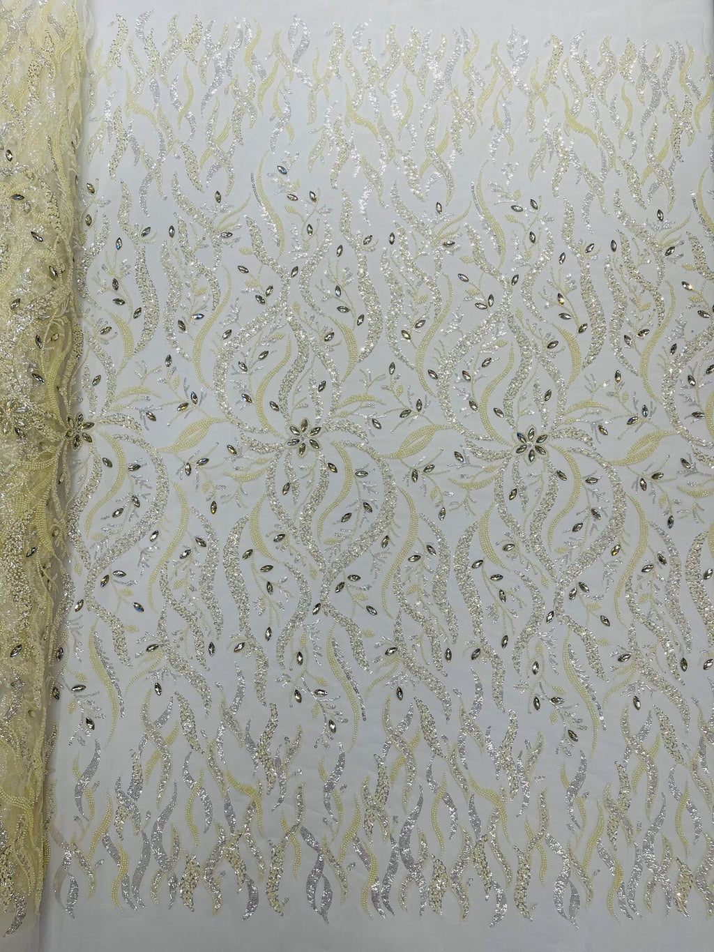FIRE  -  Designs Embroider with Sequins and Heavy Beaded on a Mesh Lace Fabric - Sold By The Yard - IVORY