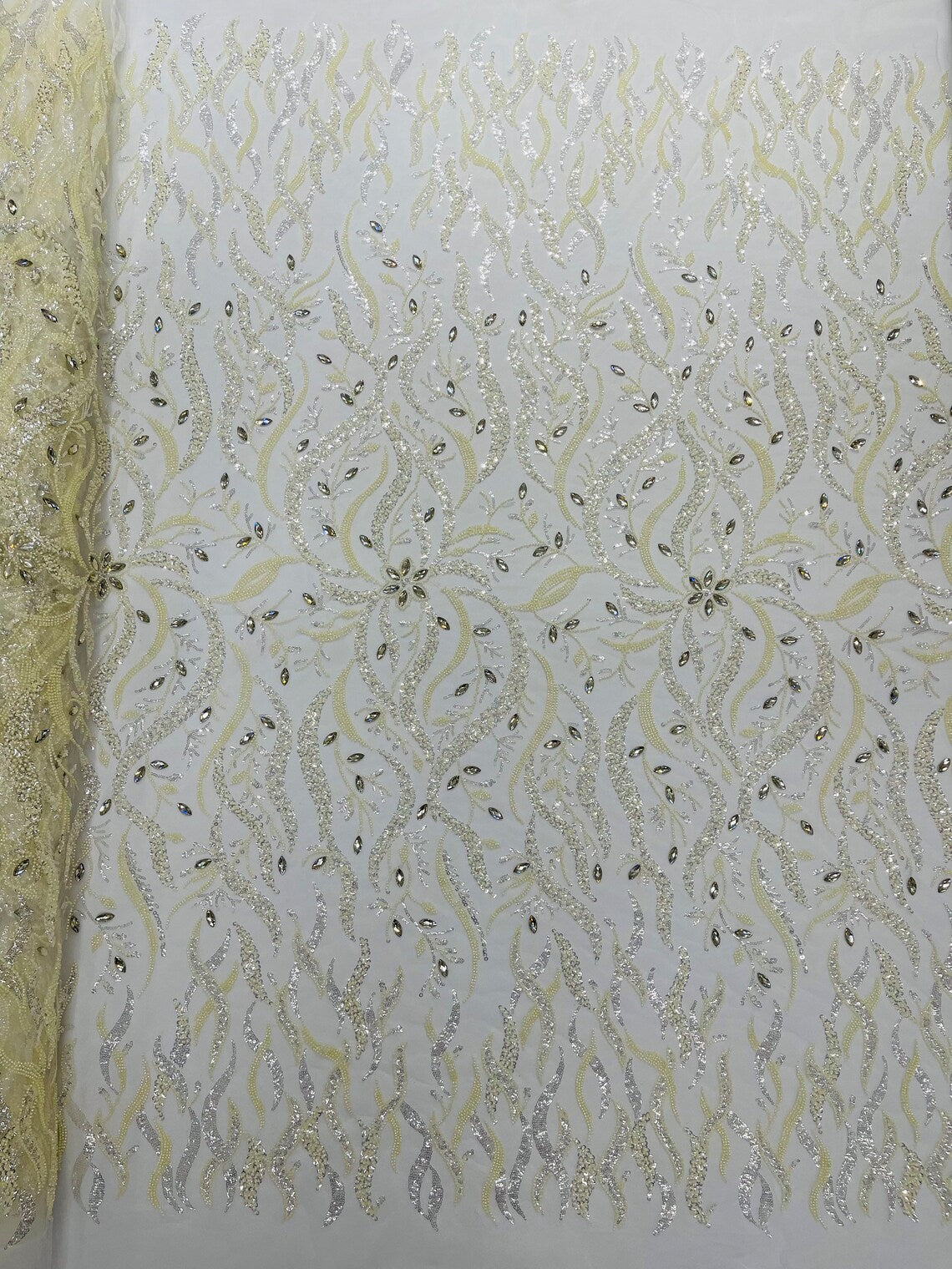 FIRE  -  Designs Embroider with Sequins and Heavy Beaded on a Mesh Lace Fabric - Sold By The Yard - IVORY