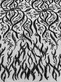 FIRE  -  Designs Embroider with Sequins and Heavy Beaded on a Mesh Lace Fabric - Sold By The Yard - BLACK