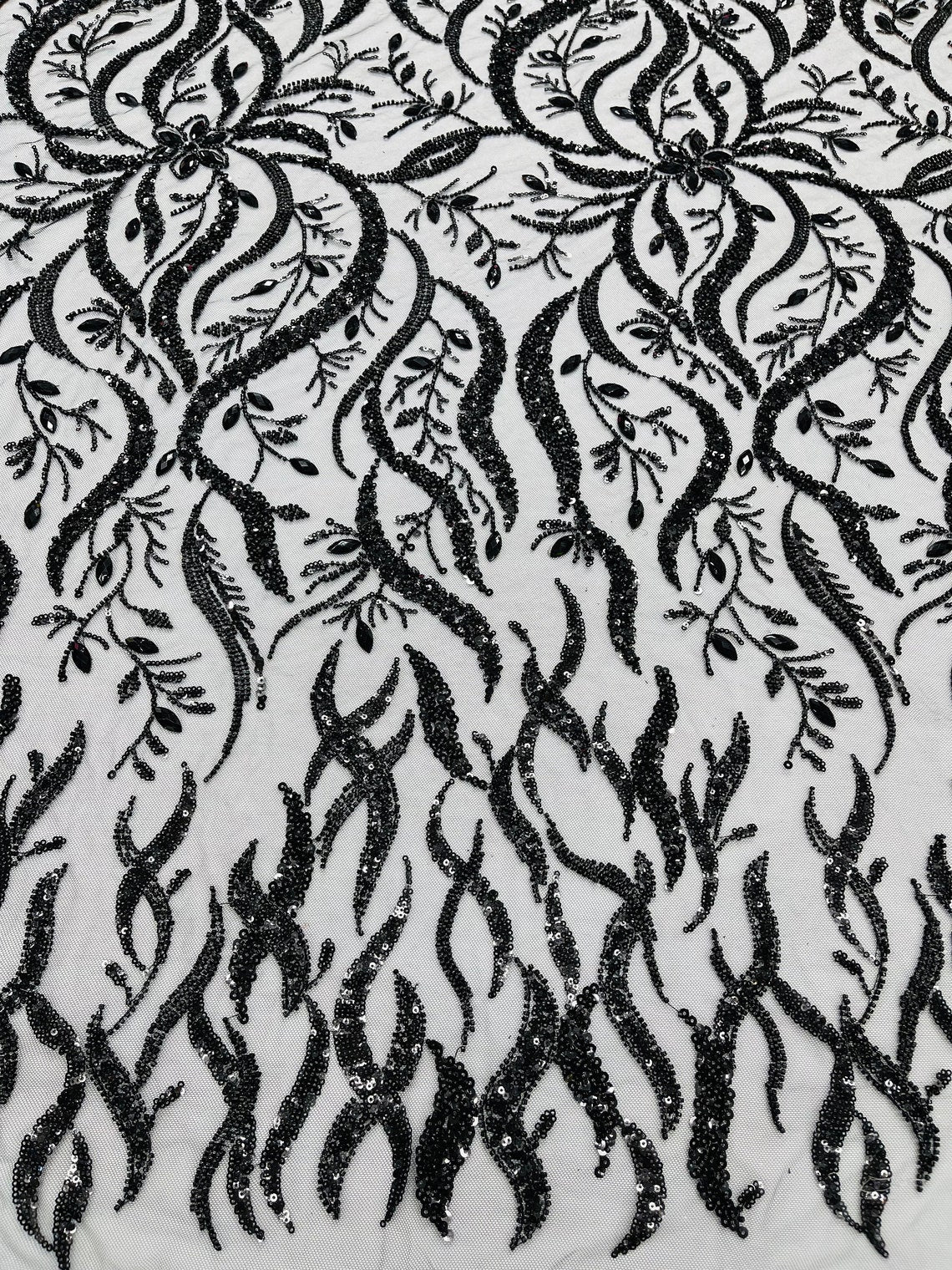 FIRE  -  Designs Embroider with Sequins and Heavy Beaded on a Mesh Lace Fabric - Sold By The Yard - BLACK