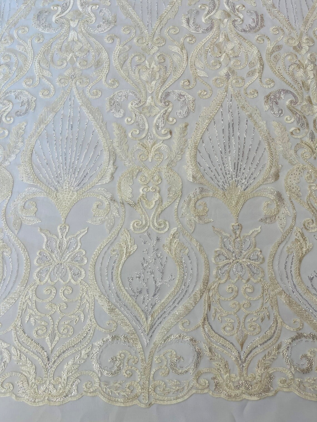 HEART  -  Designs Embroider with Sequins and Heavy Beaded on a Mesh Lace Fabric - Sold By The Yard - IVORY