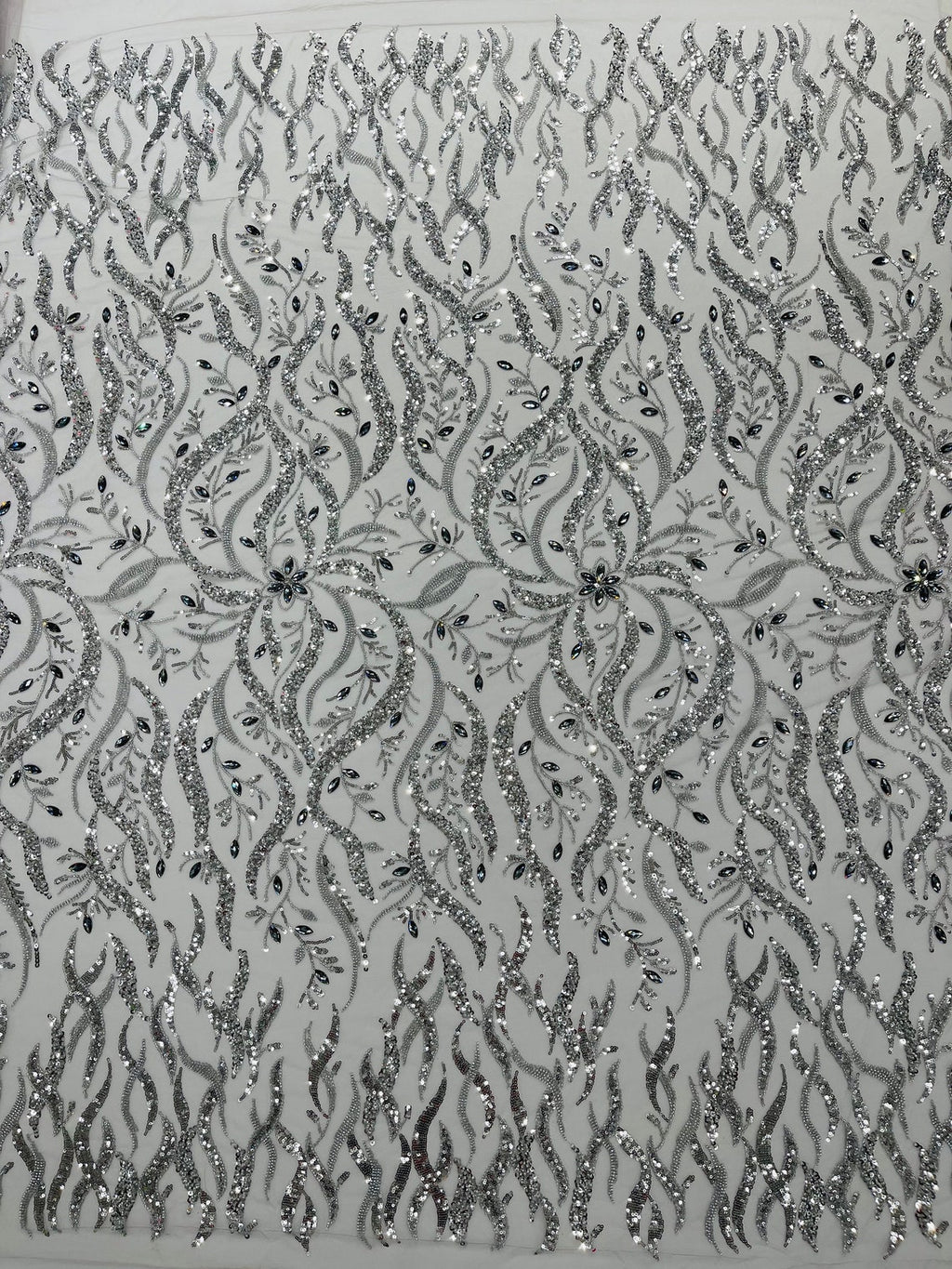 FIRE  -  Designs Embroider with Sequins and Heavy Beaded on a Mesh Lace Fabric - Sold By The Yard - SILVER
