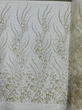FEATHER  -  Designs Embroider with Sequins and Heavy Beaded on a Mesh Lace Fabric - Sold By The Yard - IVORY