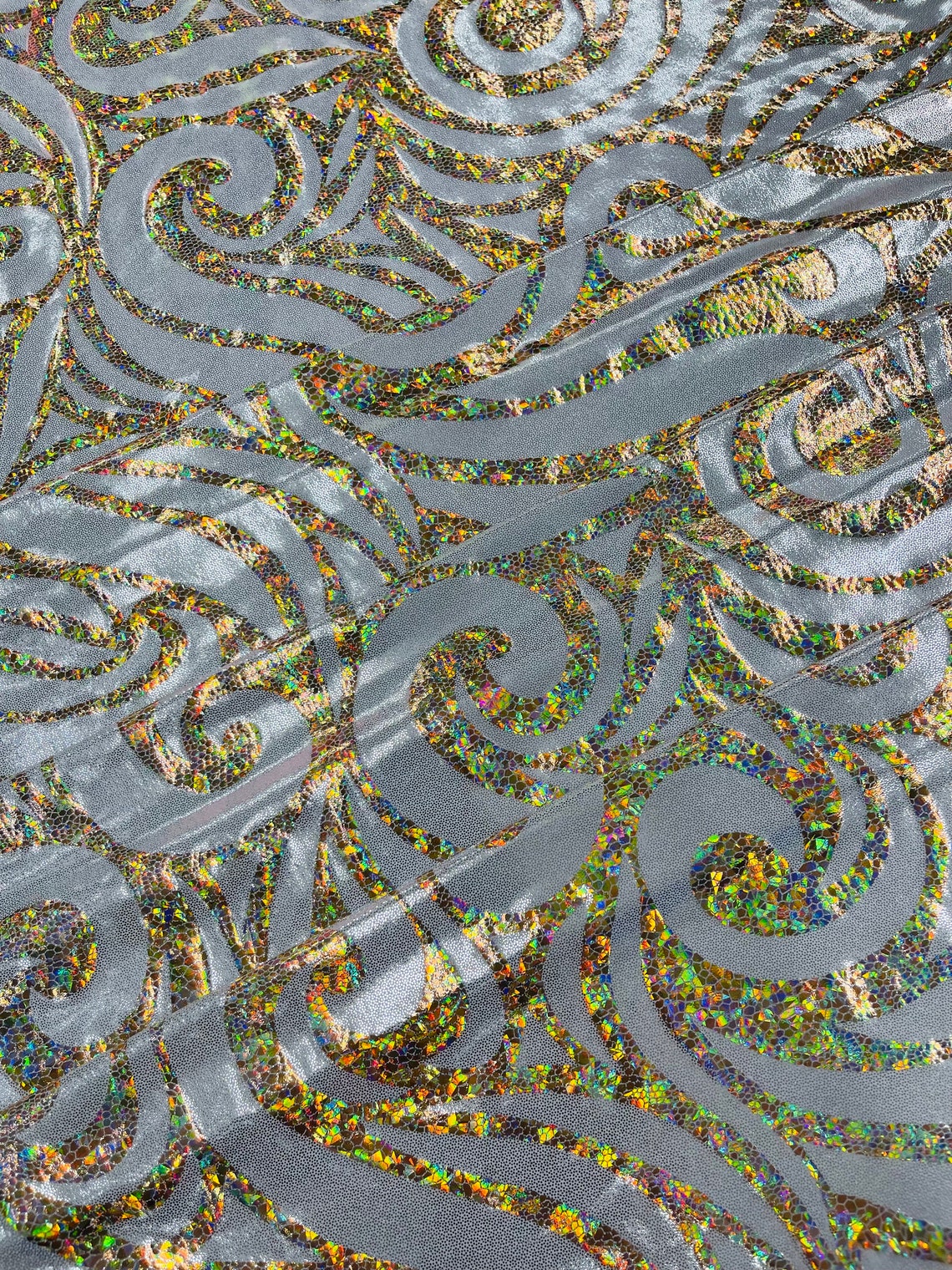 FLAME - Print Poly Spandex Fabric 4 Way Stretch - Sold By The Yard - SILVER/GOLD - Ideal For Dostumes, Dresses, Leggings,