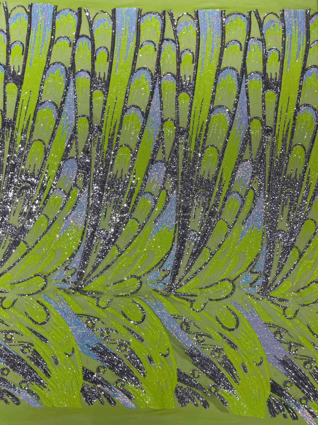 FEATHER - Luxury Fashion Design with Sequins Embroider on a 4 Way Stretch Mesh Fabric-Sold by The Yard. Neon Green/Silver/Aqua