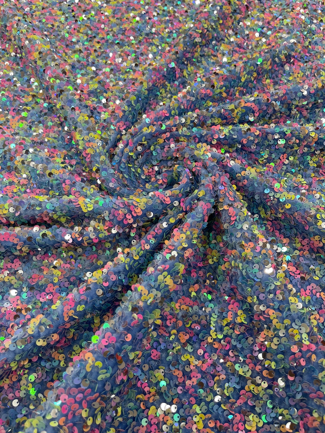 SEQUIN VELVET - Sequins on a Stretch Velvet 2-Way Stretch Sold By The Yard. LT BLUE - For Fashion Dress Evening Dress Prom Quinceanera (