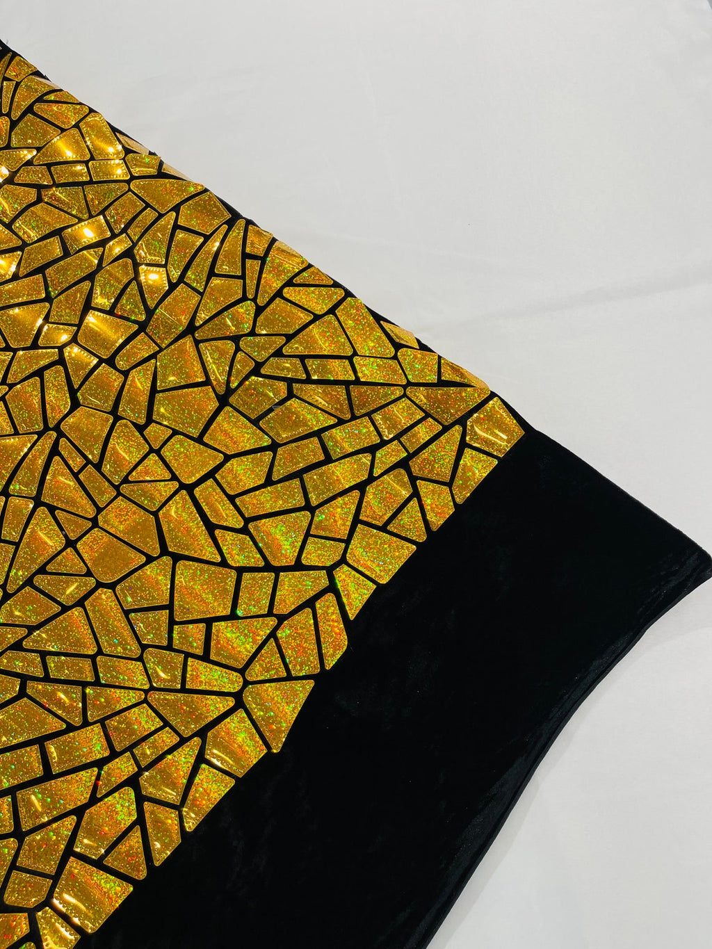 METALLIC DIAMOND - Metallic Sequins Velvet Fabric - Black Stretch Velvet - HOLOGRAM - By The Yard. GOLD
