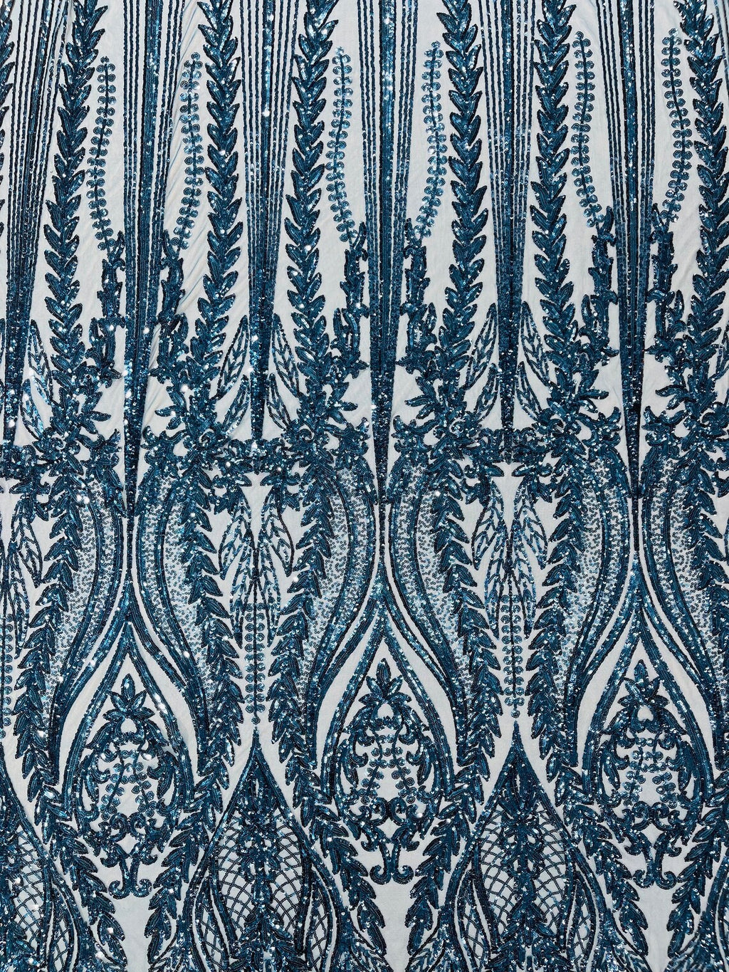 TEAL BLUE - Top Fashion Branch Design with Sequins Embroider on a 4 Way Stretch Mesh Fabric-Sold by The Yard.