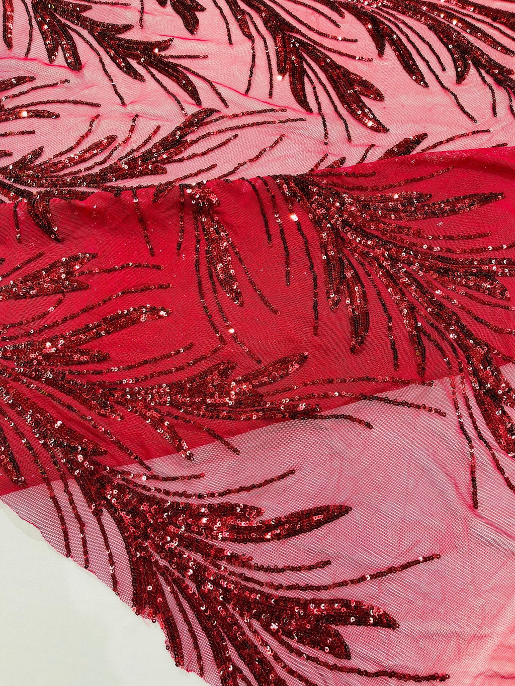 BURGUNDY - Fashion Branch Design with Sequins Embroider on a 4 Way Stretch Mesh Fabric-Sold by The Yard.