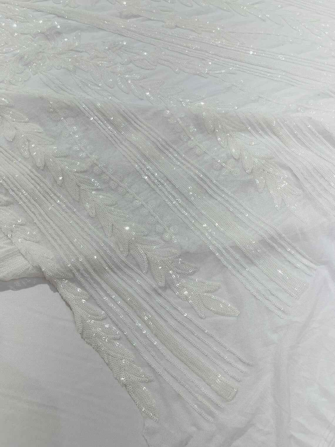 WHITE - Top Fashion Branch Design with Sequins Embroider on a 4 Way Stretch Mesh Fabric-Sold by The Yard.