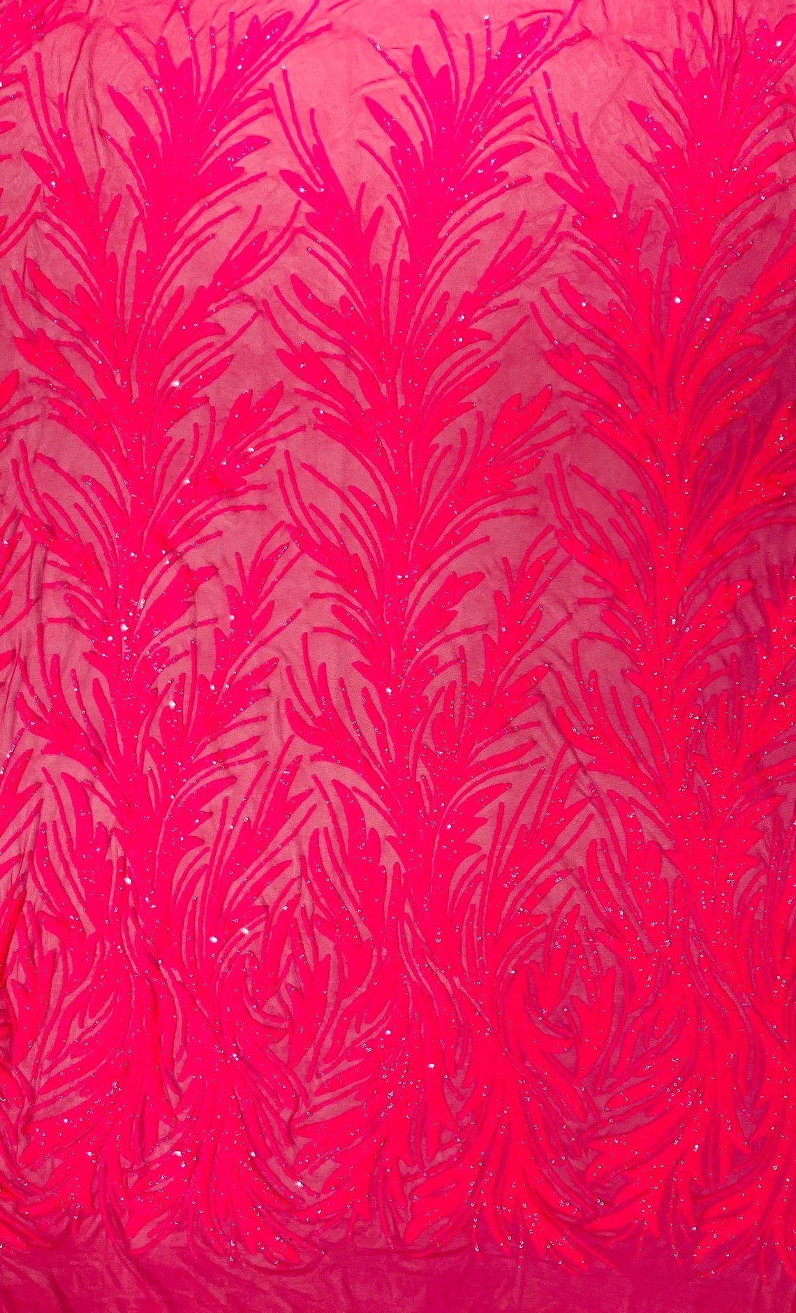 HOT PINK - Fashion Branch Design with Sequins Embroider on a 4 Way Stretch Mesh Fabric-Sold by The Yard.