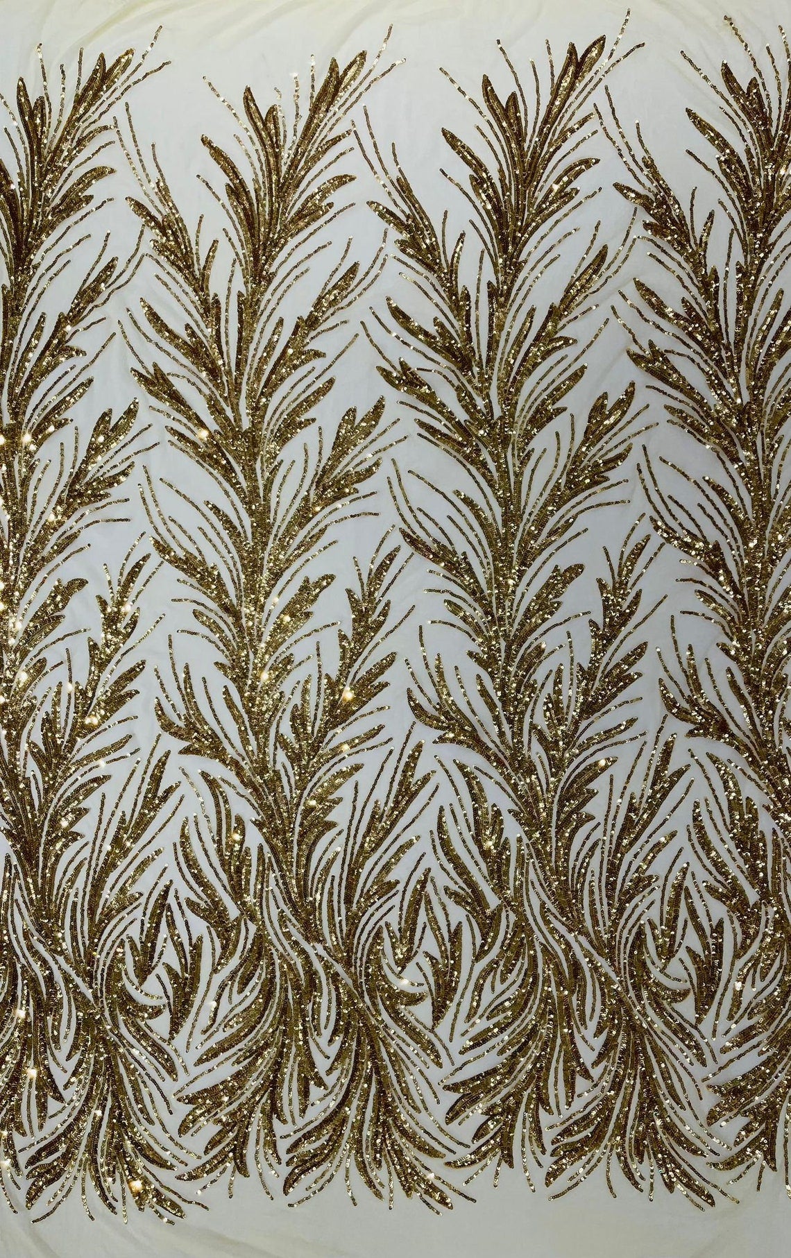 GOLD - Fashion Branch Design with Sequins Embroider on a 4 Way Stretch Mesh Fabric-Sold by The Yard.