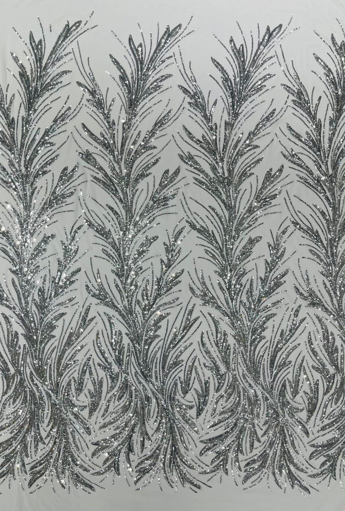 SILVER - Fashion Branch Design with Sequins Embroider on a 4 Way Stretch Mesh Fabric-Sold by The Yard.